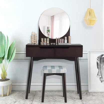 Costway Brown Round Mirror Vanity Set with Organized Sliding Drawers