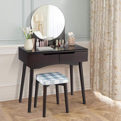 Costway Brown Round Mirror Vanity Set with Organized Sliding Drawers