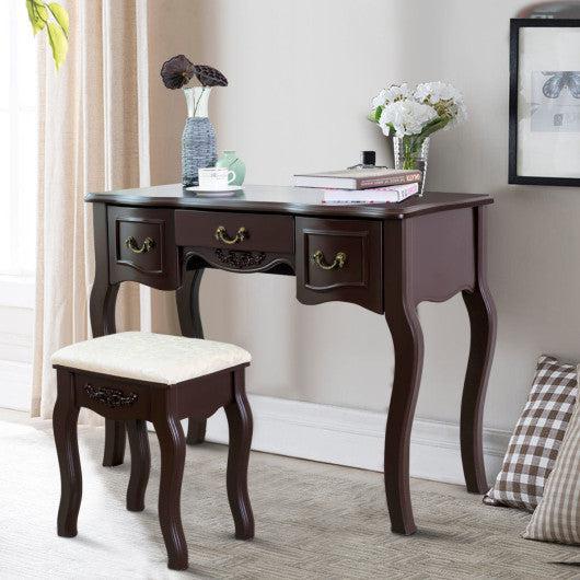 Costway Brown Tri Folding Vintage Vanity Makeup Dressing Table Set 5 Drawers
