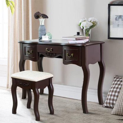 Costway Brown Tri Folding Vintage Vanity Makeup Dressing Table Set 5 Drawers