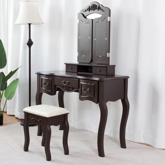 Costway Brown Tri Folding Vintage Vanity Makeup Dressing Table Set 5 Drawers