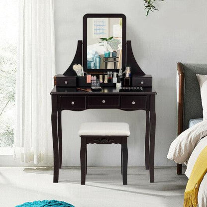 Costway Brown Vanity Set of Mirror Drawers Storage Box Makeup