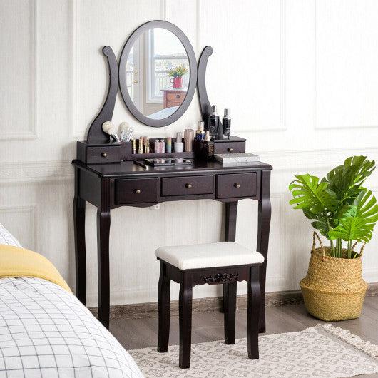 Costway Brown Vanity Set with Removable Makeup Organizer and Comfortable Cushioned Stools
