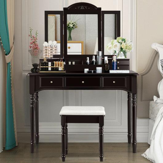 Costway Coffee Makeup Dressing Table with Tri-Folding Mirror and Cushioned Stool for Women