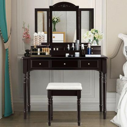 Costway Coffee Makeup Dressing Table with Tri-Folding Mirror and Cushioned Stool for Women