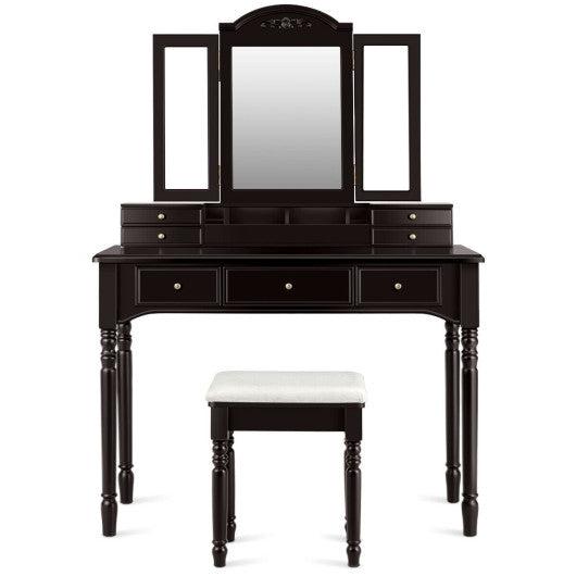 Costway Coffee Makeup Dressing Table with Tri-Folding Mirror and Cushioned Stool for Women