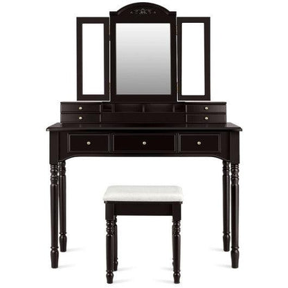 Costway Coffee Makeup Dressing Table with Tri-Folding Mirror and Cushioned Stool for Women