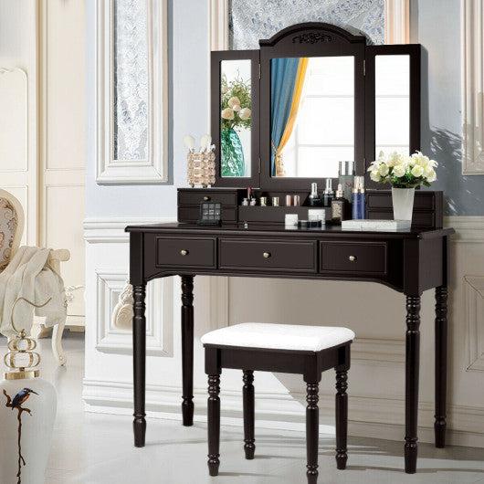 Costway Coffee Makeup Dressing Table with Tri-Folding Mirror and Cushioned Stool for Women