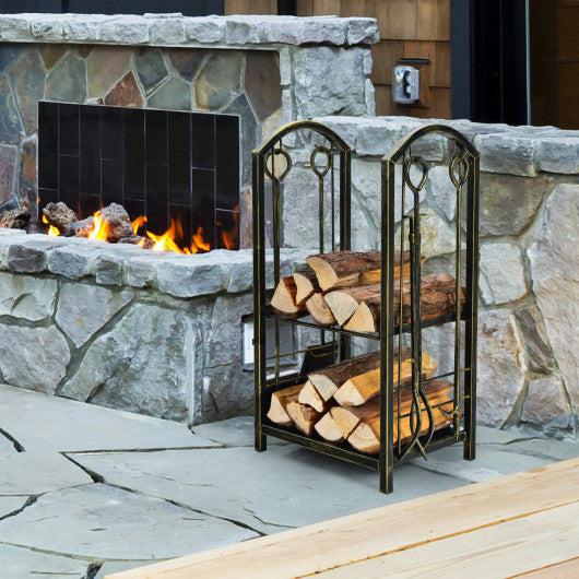 Costway Fireplace Log Rack with 4 Pieces Fireplace Tools - Bronze