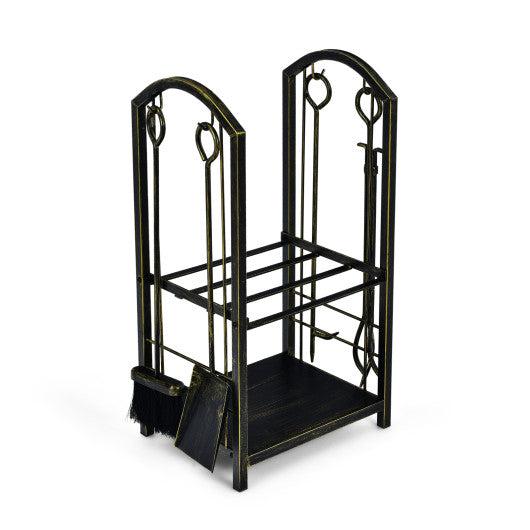 Costway Fireplace Log Rack with 4 Pieces Fireplace Tools - Bronze