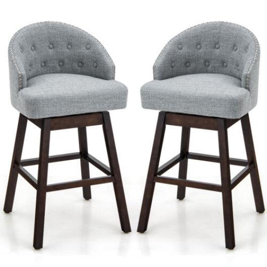 Costway Gray Set of 2 Swivel Bar Stools with Rubber Wood Legs and Padded Back