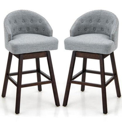 Costway Gray Set of 2 Swivel Bar Stools with Rubber Wood Legs and Padded Back