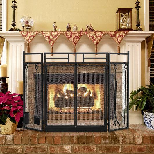 Costway JV10064BK 3-Panel Black Folding Wrought Iron Fireplace Screen with Doors and 4 Pieces Tools Set