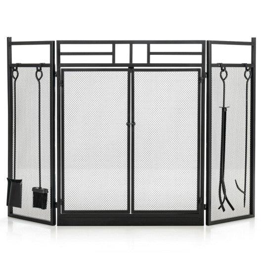 Costway JV10064BK 3-Panel Black Folding Wrought Iron Fireplace Screen with Doors and 4 Pieces Tools Set