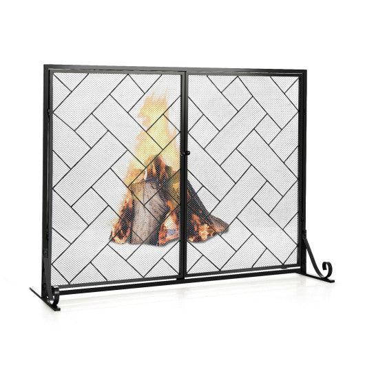 Costway JV10066BK 3-Panel Black Folding Wrought Iron Fireplace Screen with Doors and 4 Pieces Tools Set
