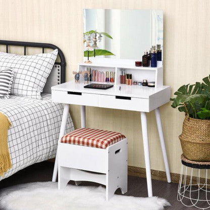 Costway Mirror Makeup Dressing Vanity Table Cushioned Storage Stool Set