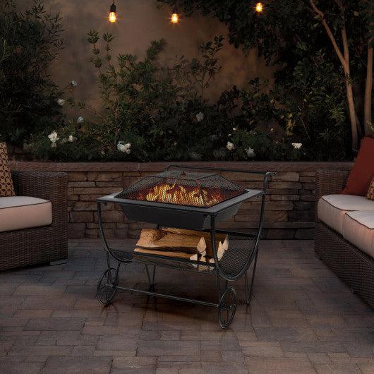 Costway Outdoor Wood Burning Fire Pit with Log Storage Rack and Wheels