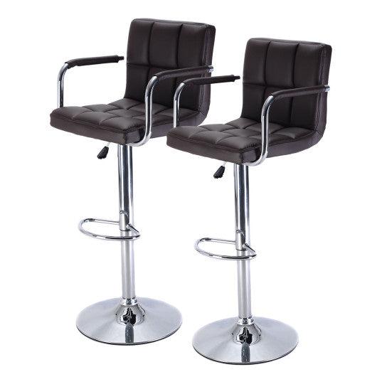 Costway Set of 2 Brown Bar Stool PU Leather Barstools Chair Adjustable Counter Swivel with Arm