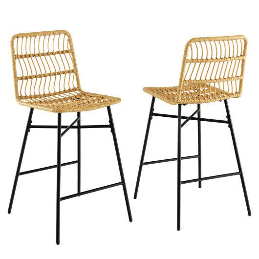 Costway Set of 2 Yellow Rattan Bar Stools with Sturdy Metal Frame
