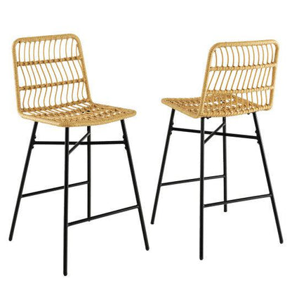 Costway Set of 2 Yellow Rattan Bar Stools with Sturdy Metal Frame