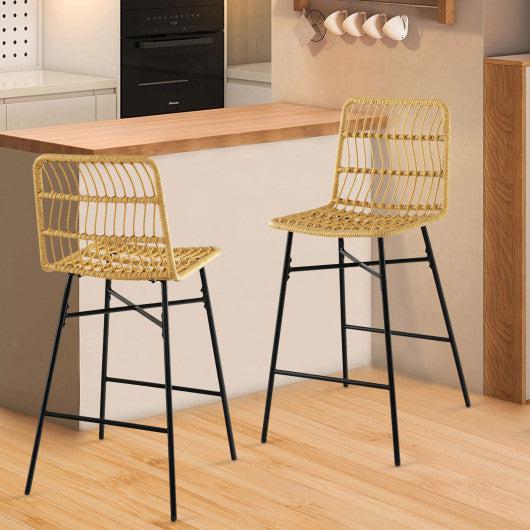 Costway Set of 2 Yellow Rattan Bar Stools with Sturdy Metal Frame