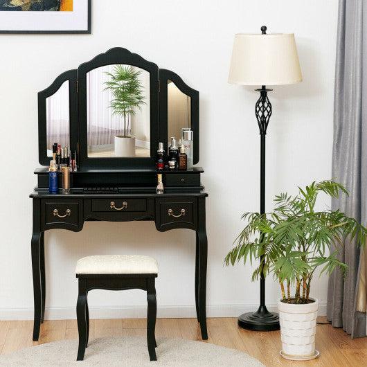 Costway Tri-folding Vanity Makeup Dressing Table Set with Cushioned Stool