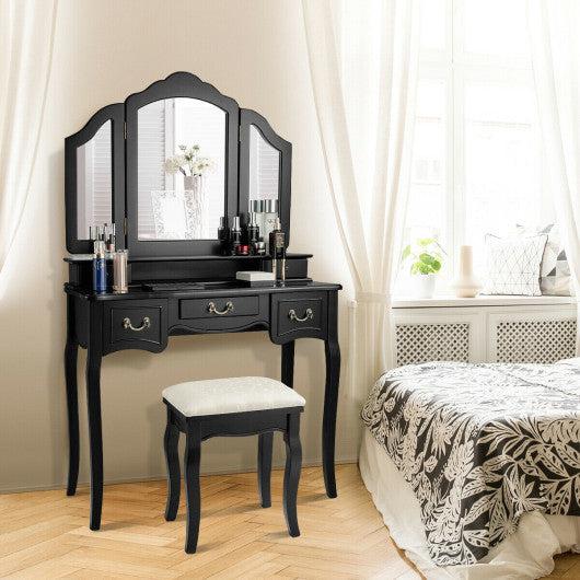 Costway Tri-folding Vanity Makeup Dressing Table Set with Cushioned Stool