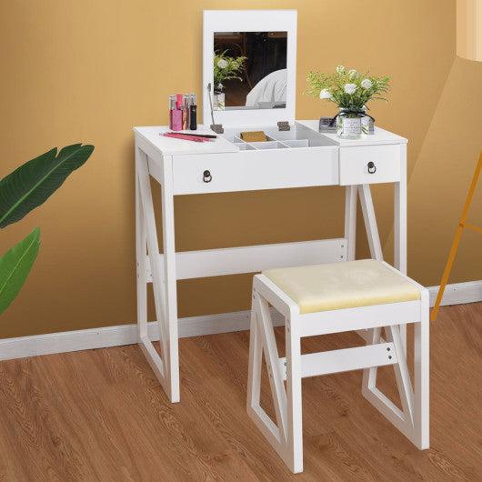 Costway Vanity Dressing Table Set Flip Makeup Mirror Stool with 2 Drawers