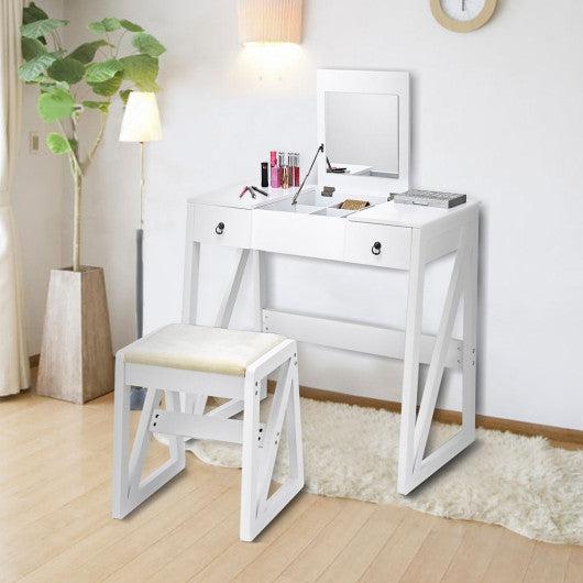 Costway Vanity Dressing Table Set Flip Makeup Mirror Stool with 2 Drawers