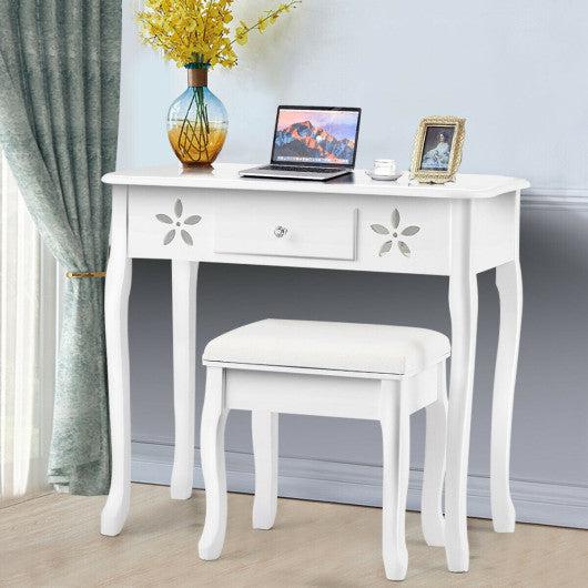 Costway Vanity Modern Carved Table and Stool Set with Mirror 3 Drawers