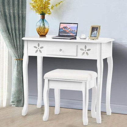 Costway Vanity Modern Carved Table and Stool Set with Mirror 3 Drawers