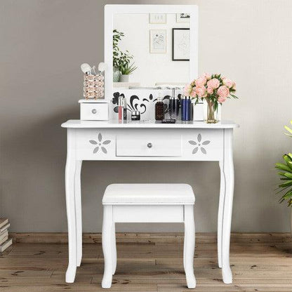 Costway Vanity Modern Carved Table and Stool Set with Mirror 3 Drawers