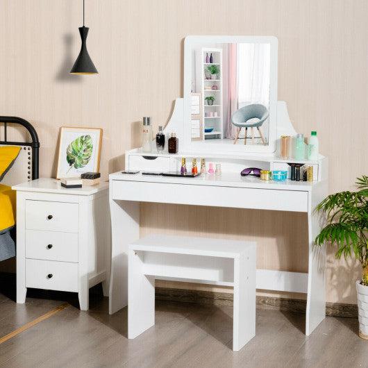 Costway Vanity Wooden Makeup Dressing Table Stool Set with Mirror