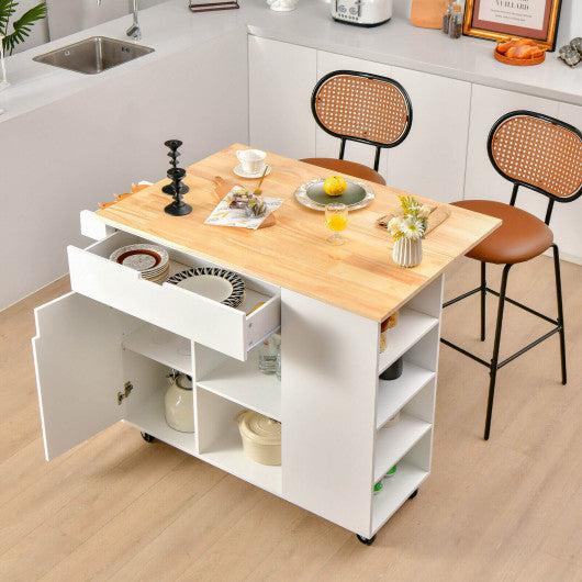 Costway White Drop-Leaf Kitchen Island with Rubber Wood Top