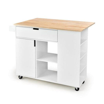 Costway White Drop-Leaf Kitchen Island with Rubber Wood Top