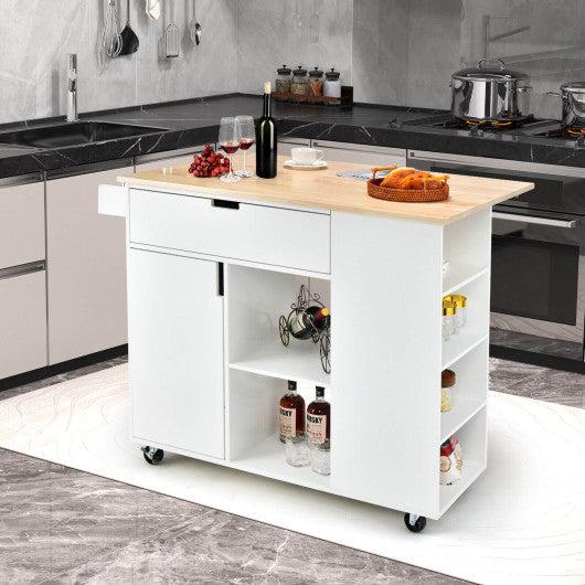 Costway White Drop-Leaf Kitchen Island with Rubber Wood Top