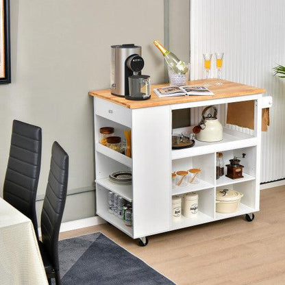 Costway White Kitchen Island Trolley Cart on Wheels with Storage Open Shelves and Drawer