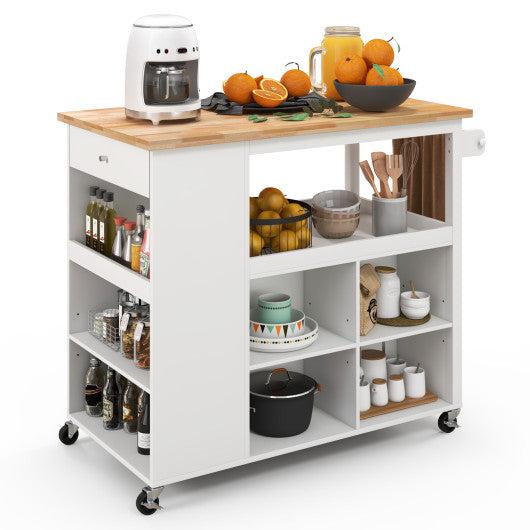 Costway White Kitchen Island Trolley Cart on Wheels with Storage Open Shelves and Drawer