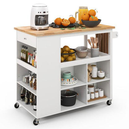 Costway White Kitchen Island Trolley Cart on Wheels with Storage Open Shelves and Drawer