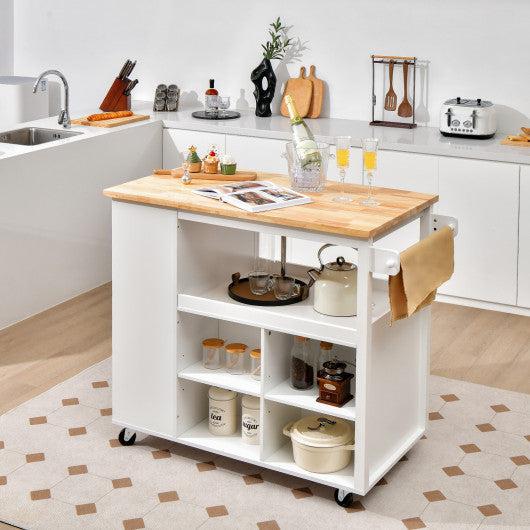 Costway White Kitchen Island Trolley Cart on Wheels with Storage Open Shelves and Drawer