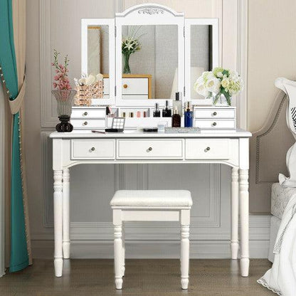 Costway White Makeup Dressing Table with Tri-Folding Mirror and Cushioned Stool for Women