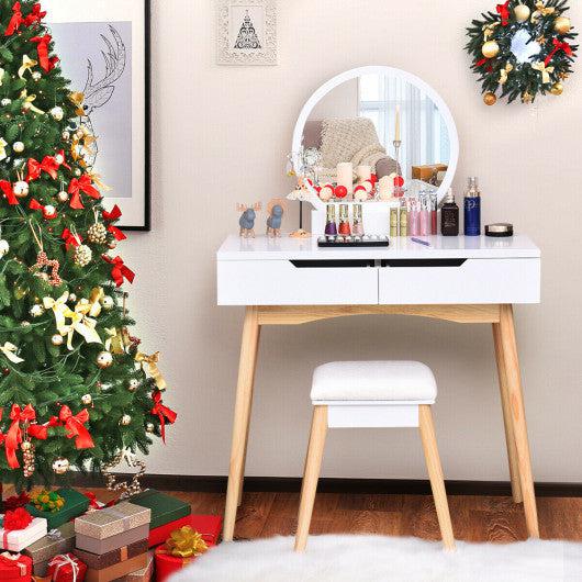 Costway White Makeup Vanity Table Set with Round Mirror Dressing Table