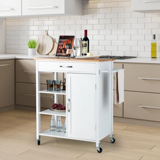 Costway White Mobile Kitchen Island Cart with Rubber Wood Top