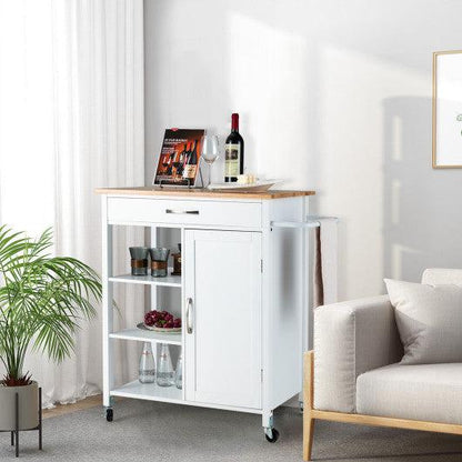 Costway White Mobile Kitchen Island Cart with Rubber Wood Top