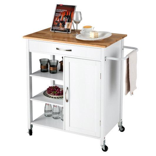 Costway White Mobile Kitchen Island Cart with Rubber Wood Top