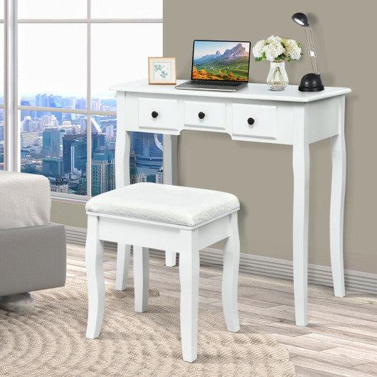 Costway White Modern Bedroom Wood Dressing Table with Storage Shelf and Cushioned Stool