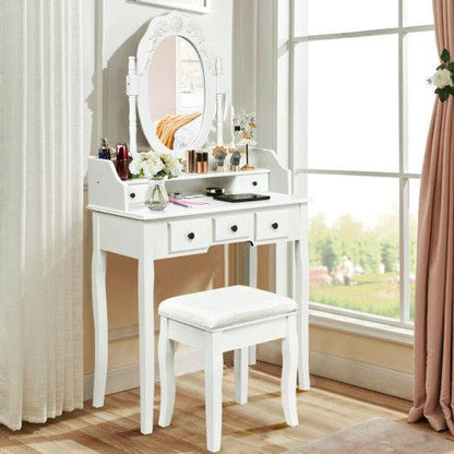 Costway White Modern Bedroom Wood Dressing Table with Storage Shelf and Cushioned Stool