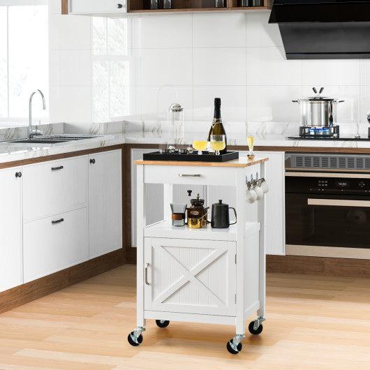 Costway White Rolling Kitchen Island Cart with Drawer and Side Hooks
