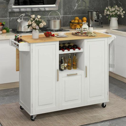 Costway White Rolling Kitchen Island Cart with Drop-Leaf Countertop ad Towel Bar