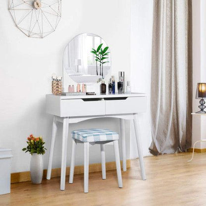 Costway White Round Mirror Vanity Set with Organized Sliding Drawers
